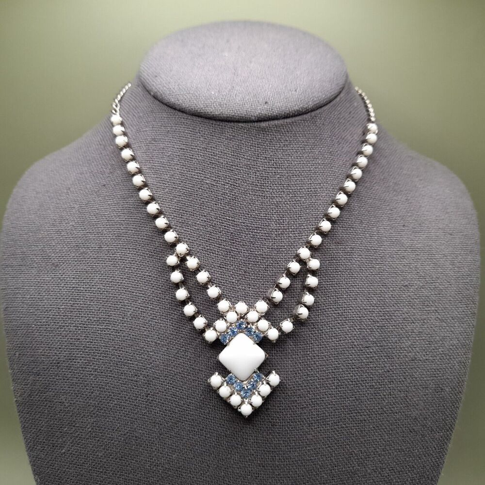Vintage Milk Glass Soft Blue Rhinestone Necklace Choker Unsigned